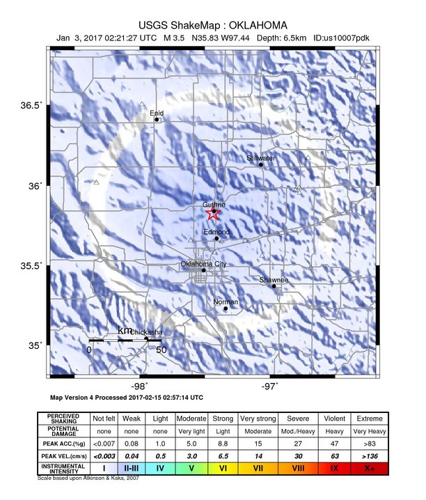 USGS ShakeMap: estimated shaking intensity around the epicenter