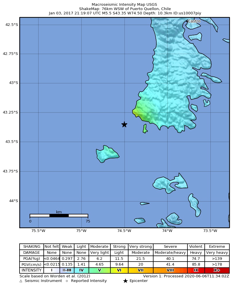 USGS ShakeMap: estimated shaking intensity around the epicenter