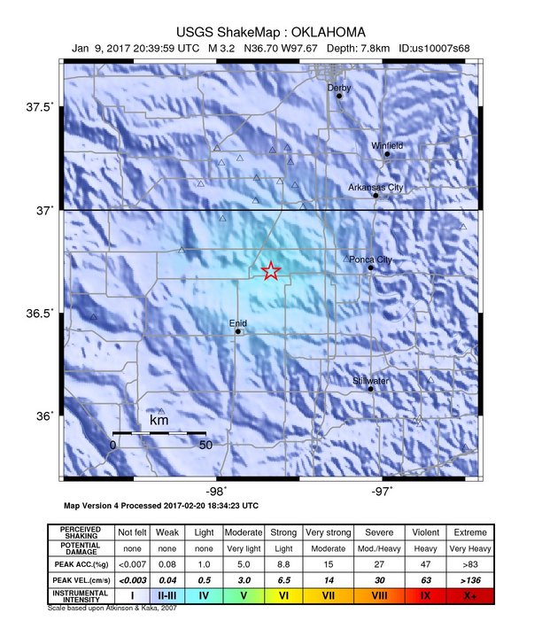 USGS ShakeMap: estimated shaking intensity around the epicenter