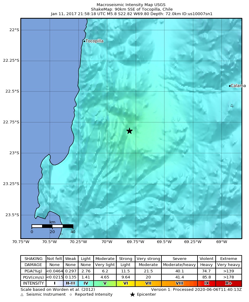 USGS ShakeMap: estimated shaking intensity around the epicenter