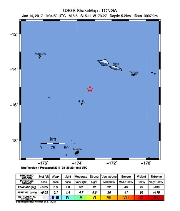 USGS ShakeMap: estimated shaking intensity around the epicenter