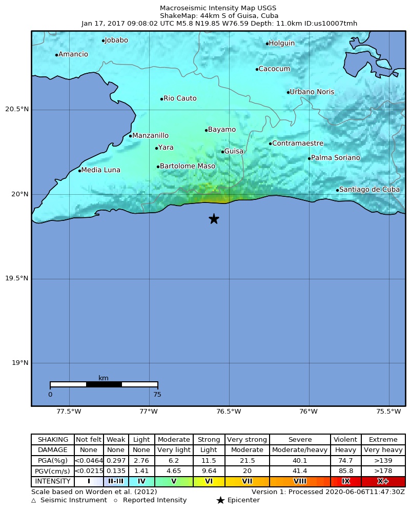 USGS ShakeMap: estimated shaking intensity around the epicenter