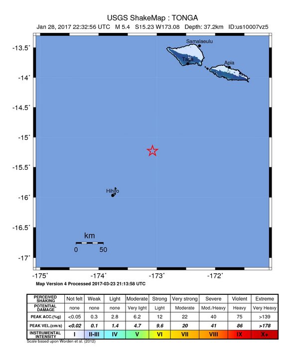 USGS ShakeMap: estimated shaking intensity around the epicenter