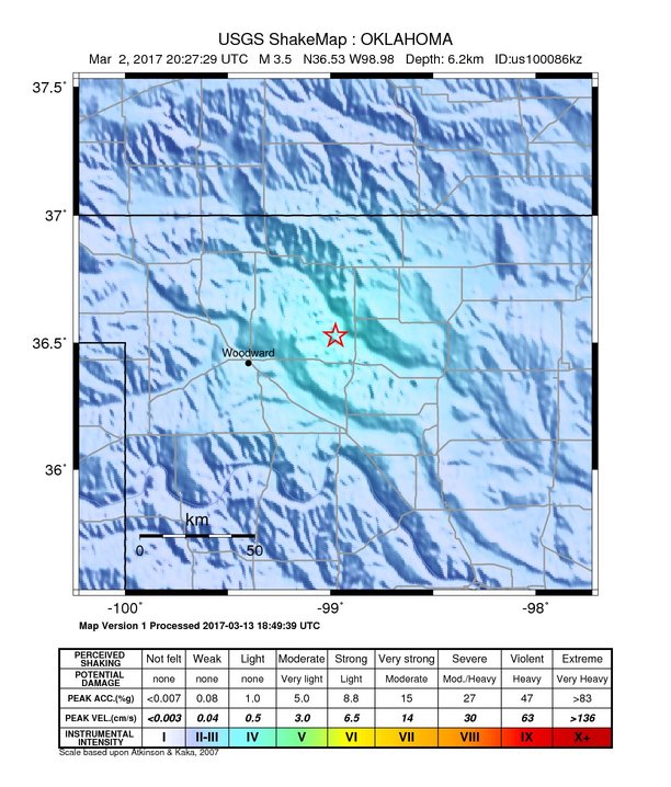 USGS ShakeMap: estimated shaking intensity around the epicenter