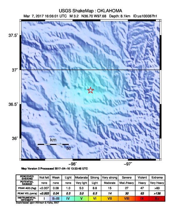 USGS ShakeMap: estimated shaking intensity around the epicenter