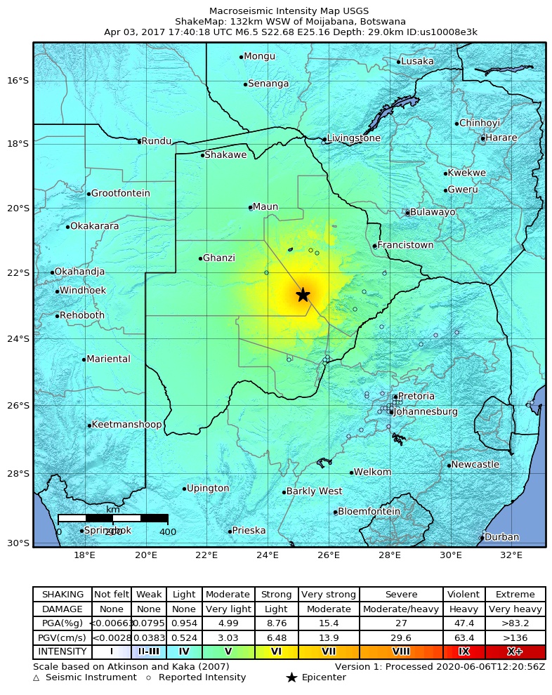 USGS ShakeMap: estimated shaking intensity around the epicenter
