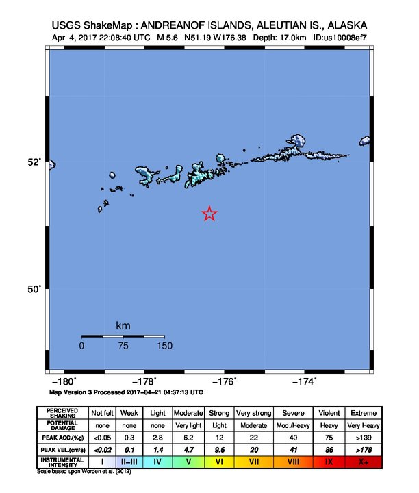 USGS ShakeMap: estimated shaking intensity around the epicenter