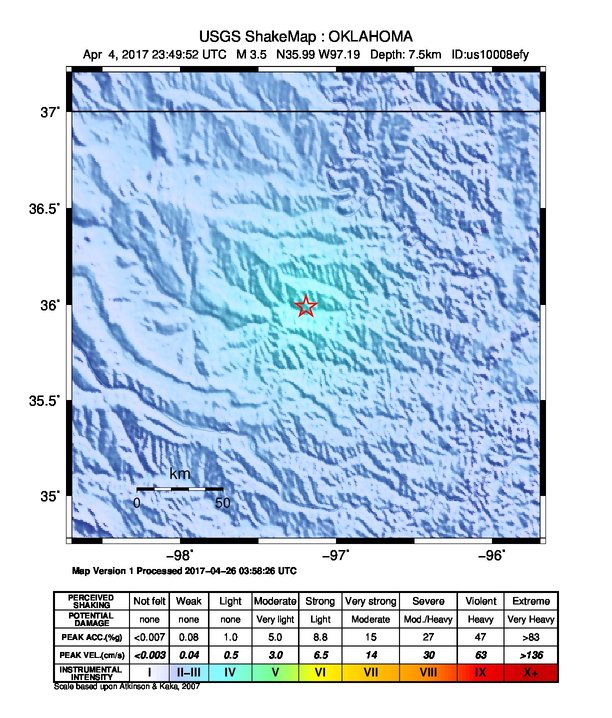 USGS ShakeMap: estimated shaking intensity around the epicenter