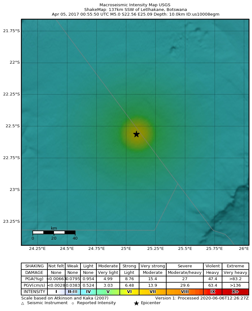 USGS ShakeMap: estimated shaking intensity around the epicenter