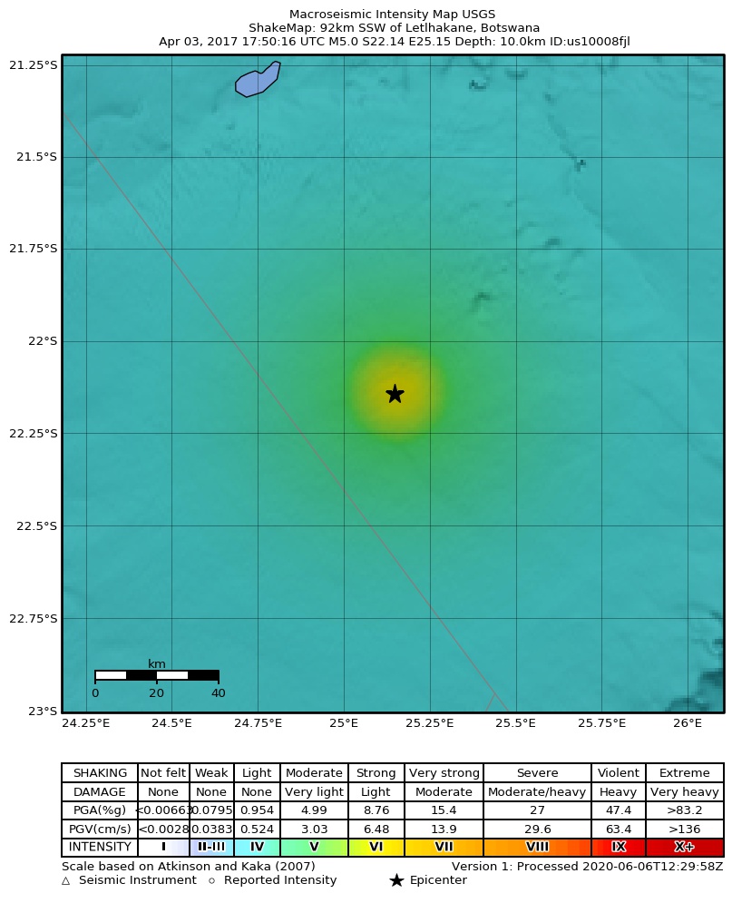 USGS ShakeMap: estimated shaking intensity around the epicenter