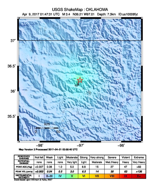 USGS ShakeMap: estimated shaking intensity around the epicenter