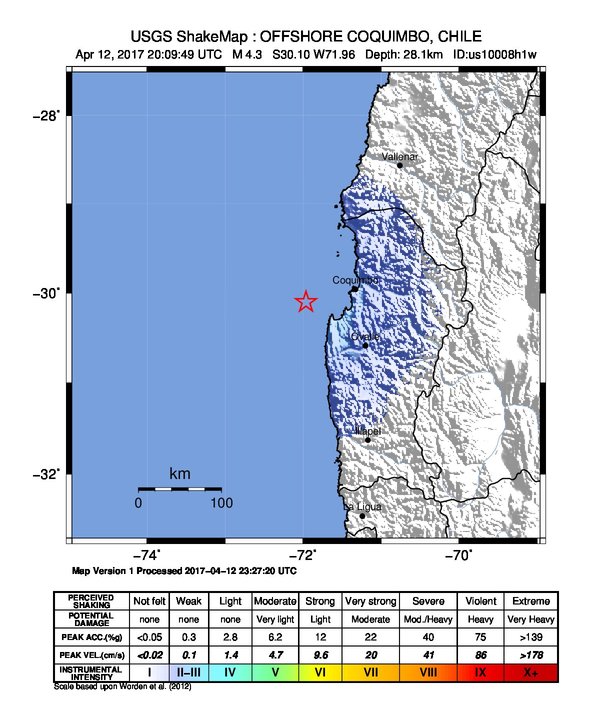 USGS ShakeMap: estimated shaking intensity around the epicenter