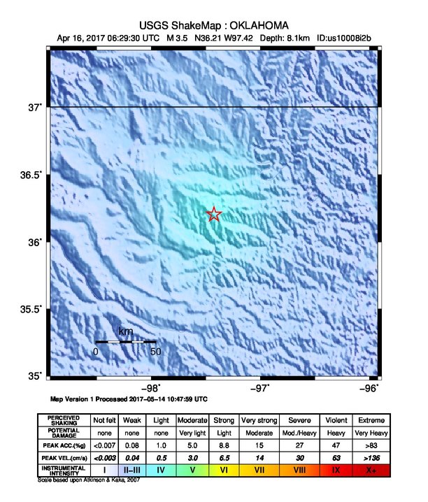 USGS ShakeMap: estimated shaking intensity around the epicenter