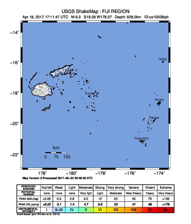 USGS ShakeMap: estimated shaking intensity around the epicenter