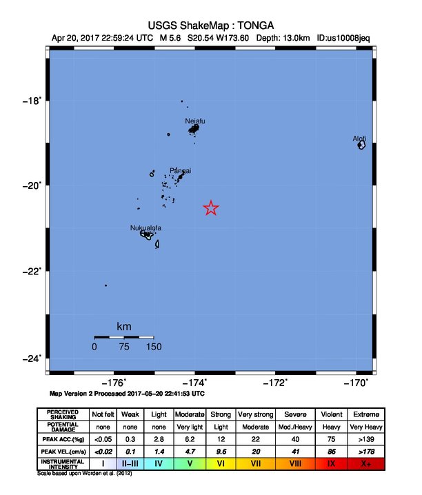 USGS ShakeMap: estimated shaking intensity around the epicenter