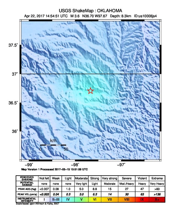 USGS ShakeMap: estimated shaking intensity around the epicenter