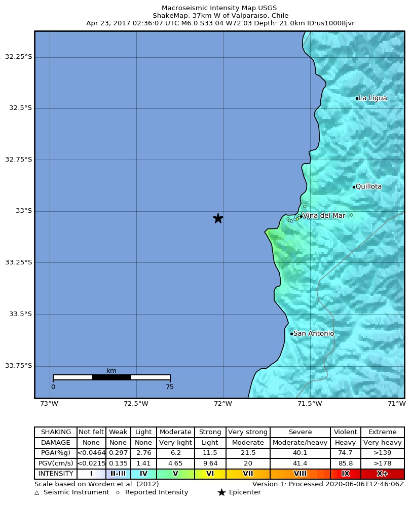 USGS ShakeMap: estimated shaking intensity around the epicenter