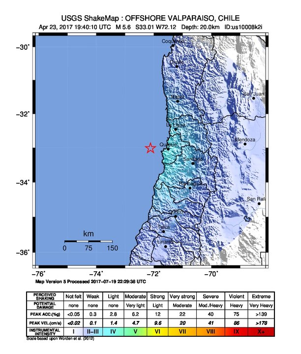 USGS ShakeMap: estimated shaking intensity around the epicenter