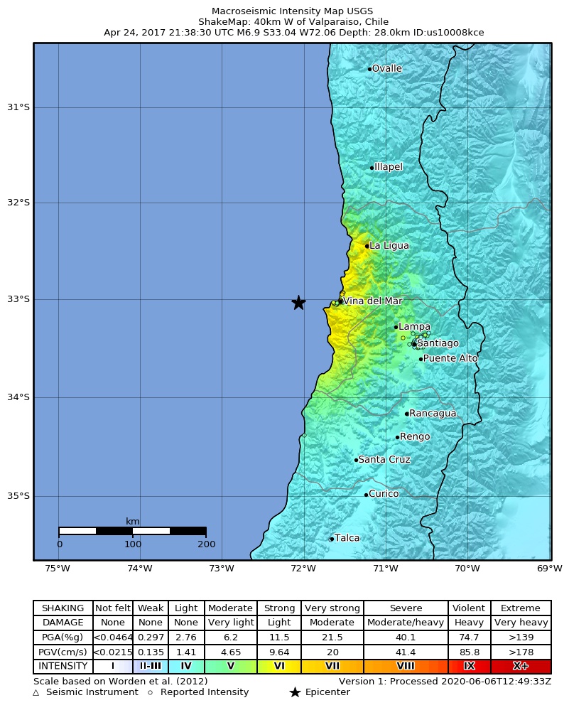 USGS ShakeMap: estimated shaking intensity around the epicenter