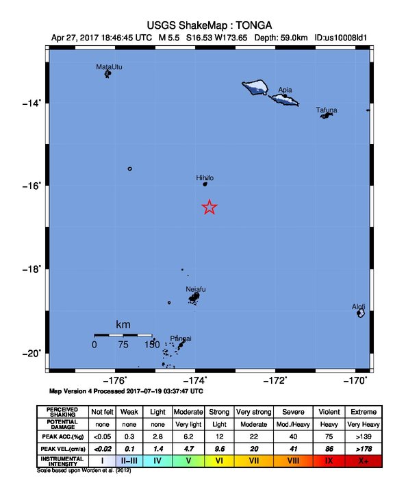 USGS ShakeMap: estimated shaking intensity around the epicenter