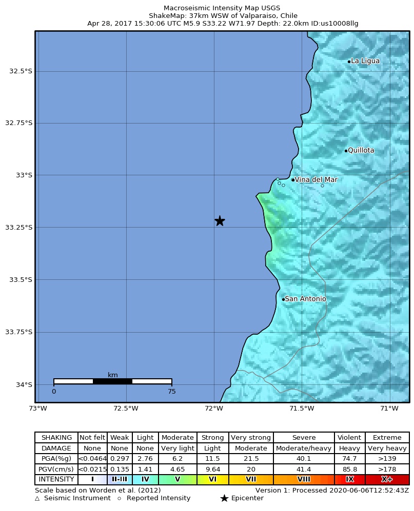 USGS ShakeMap: estimated shaking intensity around the epicenter