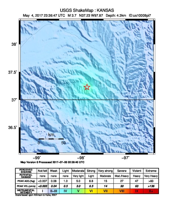 USGS ShakeMap: estimated shaking intensity around the epicenter