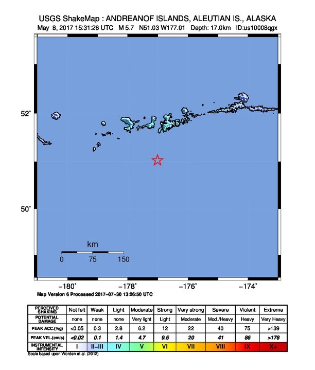 USGS ShakeMap: estimated shaking intensity around the epicenter