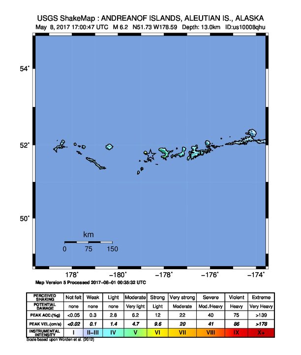 USGS ShakeMap: estimated shaking intensity around the epicenter