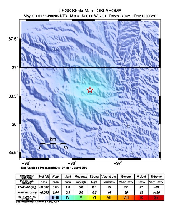 USGS ShakeMap: estimated shaking intensity around the epicenter