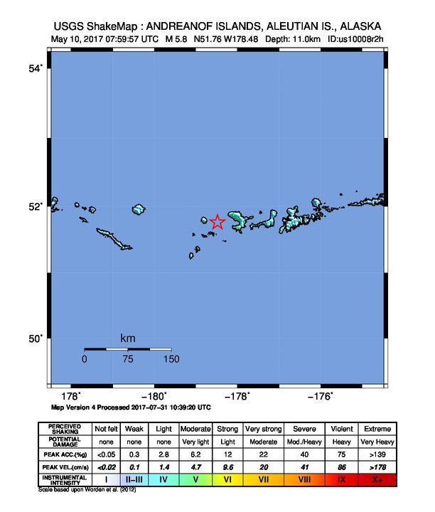 USGS ShakeMap: estimated shaking intensity around the epicenter