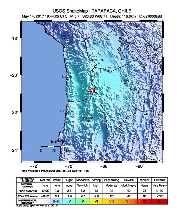 USGS ShakeMap: estimated shaking intensity around the epicenter