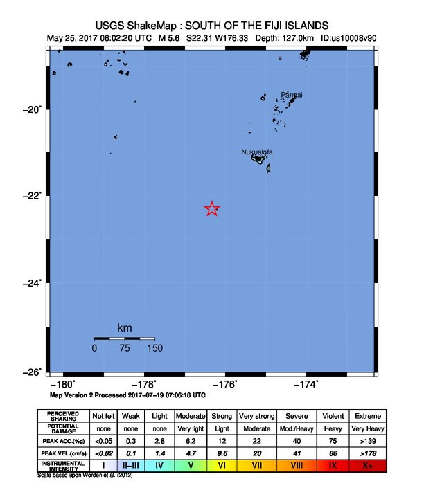 USGS ShakeMap: estimated shaking intensity around the epicenter