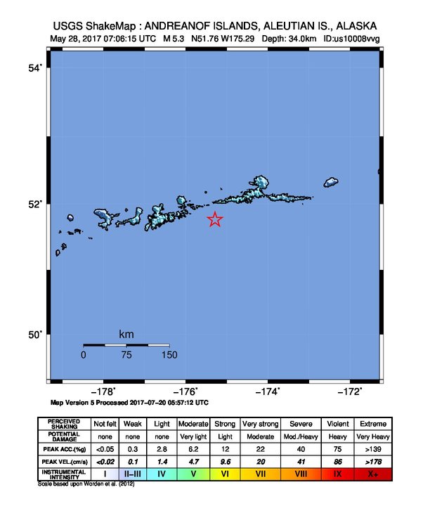 USGS ShakeMap: estimated shaking intensity around the epicenter