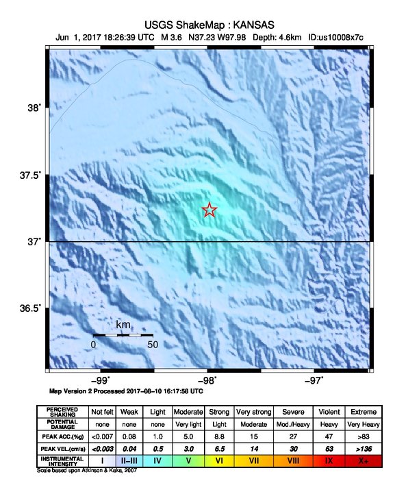 USGS ShakeMap: estimated shaking intensity around the epicenter