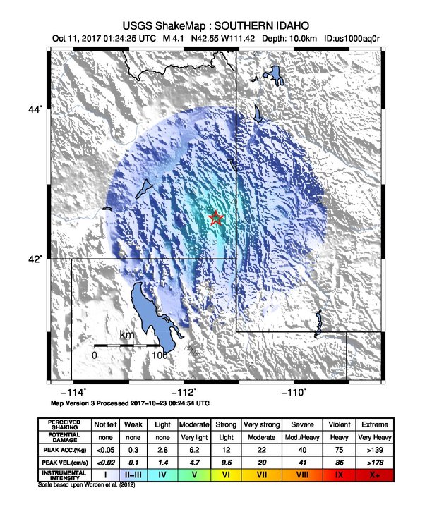 USGS ShakeMap: estimated shaking intensity around the epicenter
