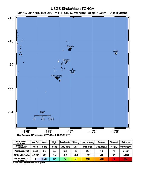 USGS ShakeMap: estimated shaking intensity around the epicenter