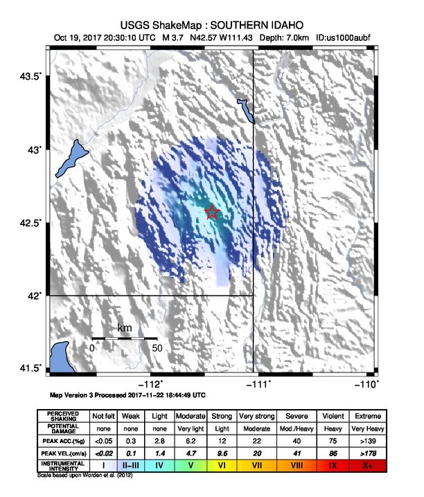 USGS ShakeMap: estimated shaking intensity around the epicenter