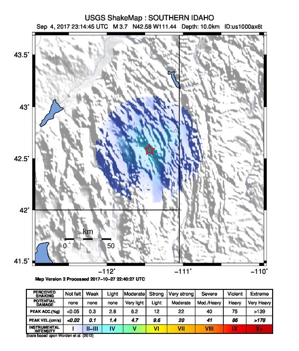 USGS ShakeMap: estimated shaking intensity around the epicenter