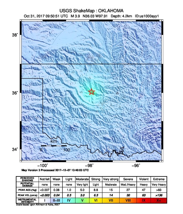 USGS ShakeMap: estimated shaking intensity around the epicenter