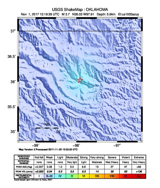 USGS ShakeMap: estimated shaking intensity around the epicenter