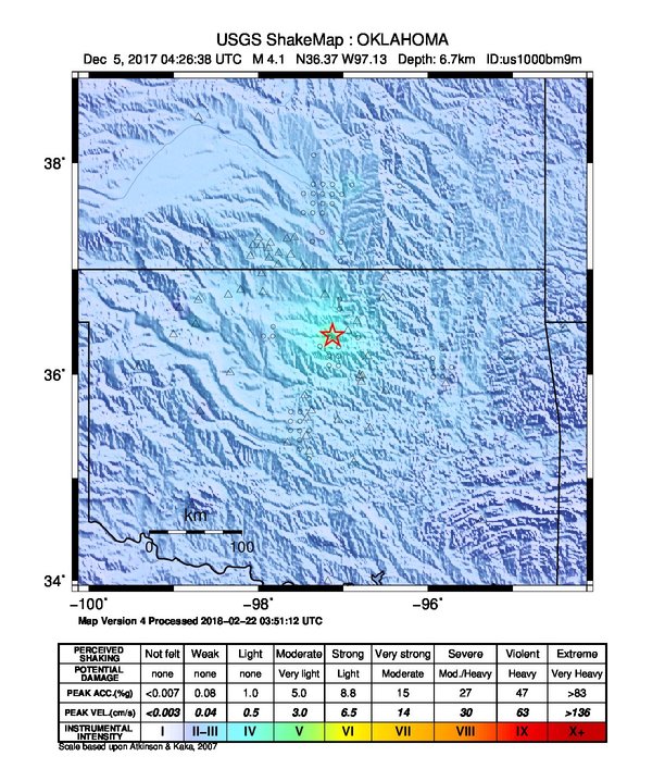 USGS ShakeMap: estimated shaking intensity around the epicenter