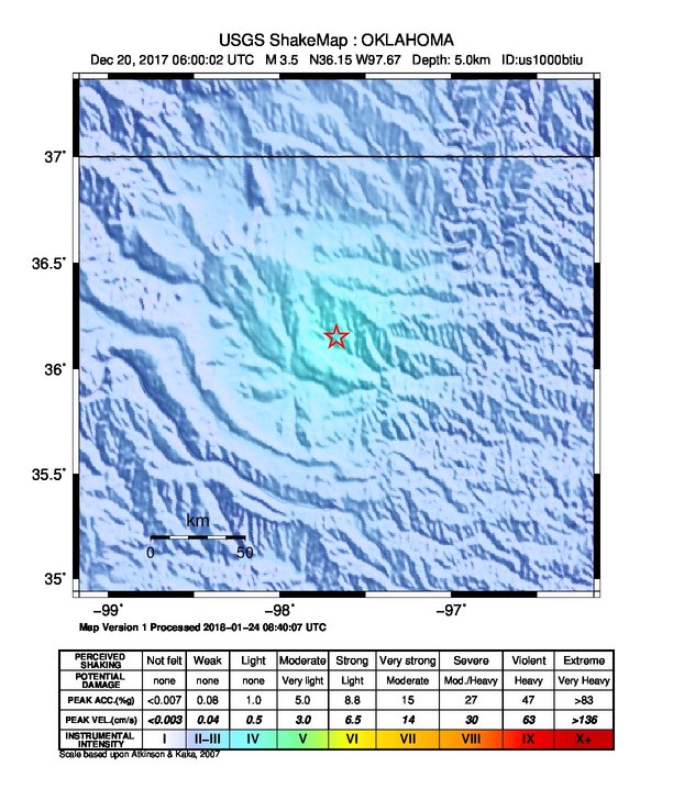 USGS ShakeMap: estimated shaking intensity around the epicenter