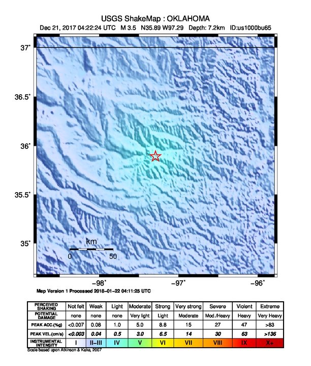 USGS ShakeMap: estimated shaking intensity around the epicenter