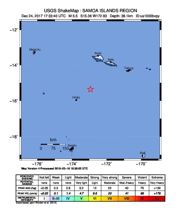 USGS ShakeMap: estimated shaking intensity around the epicenter