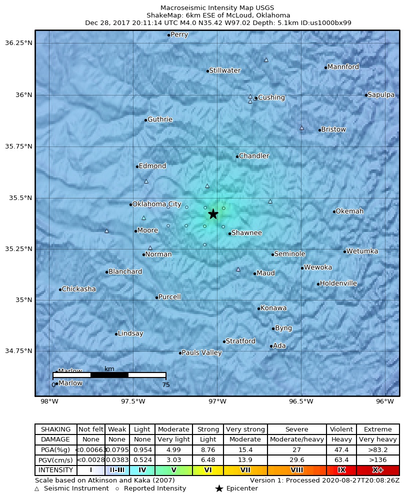 USGS ShakeMap: estimated shaking intensity around the epicenter