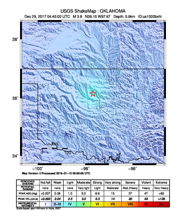 USGS ShakeMap: estimated shaking intensity around the epicenter