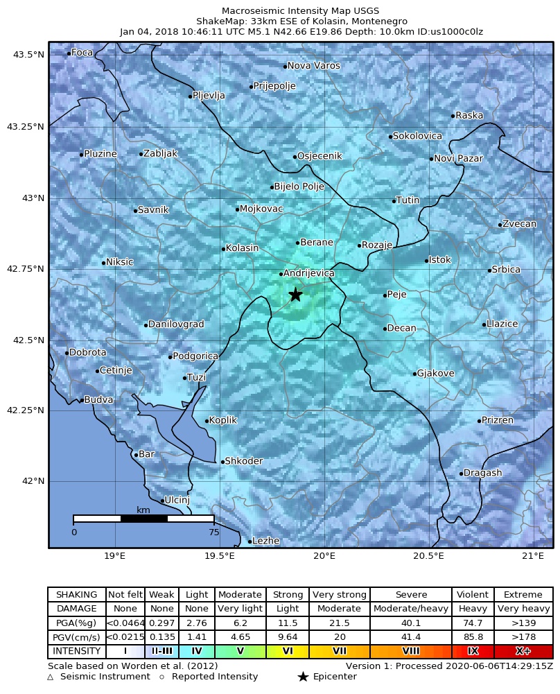 USGS ShakeMap: estimated shaking intensity around the epicenter