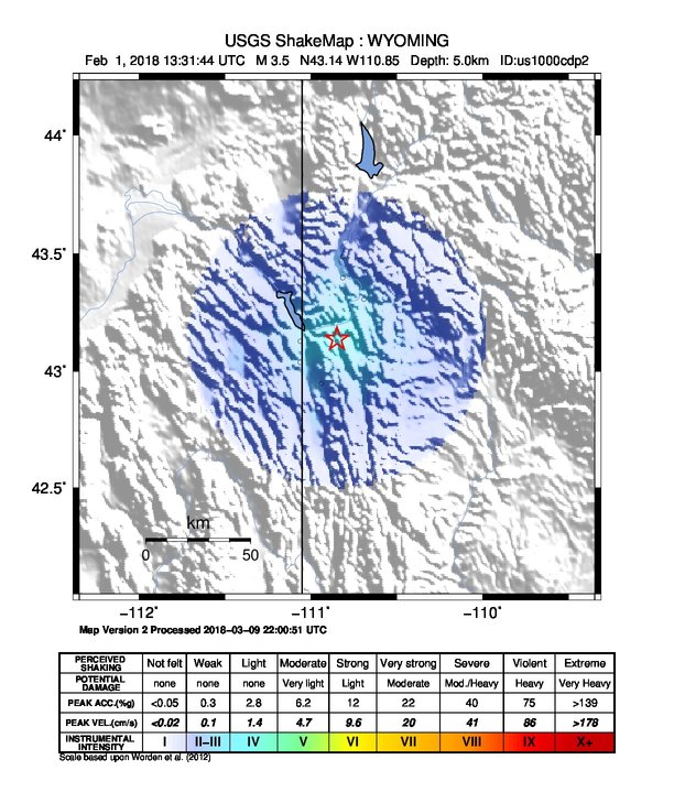 USGS ShakeMap: estimated shaking intensity around the epicenter