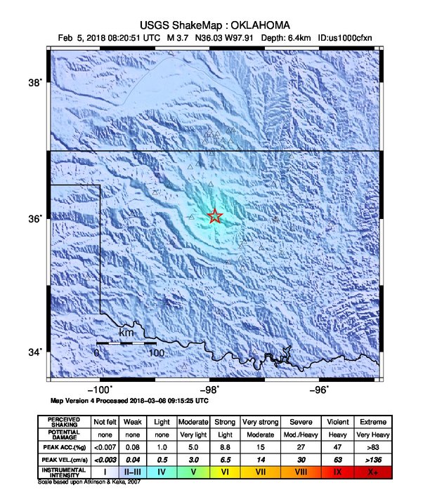 USGS ShakeMap: estimated shaking intensity around the epicenter