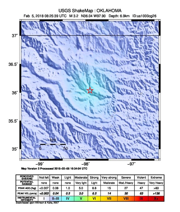 USGS ShakeMap: estimated shaking intensity around the epicenter
